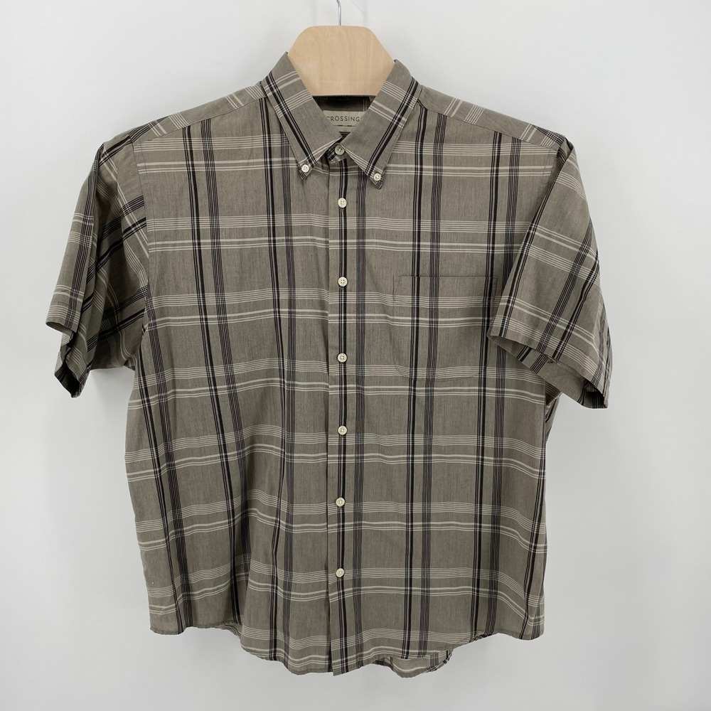 Crossings Mens XL Gray Plaid Short Sleeve Button Down Shirt Pocket Cotton Blend